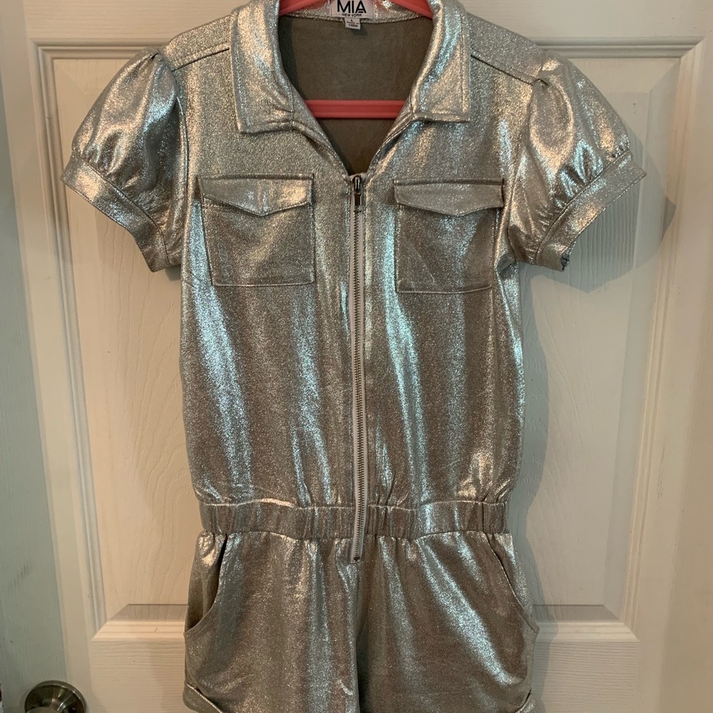 MIA Girls Large Silver Sparkly Romper with zipper and pockets